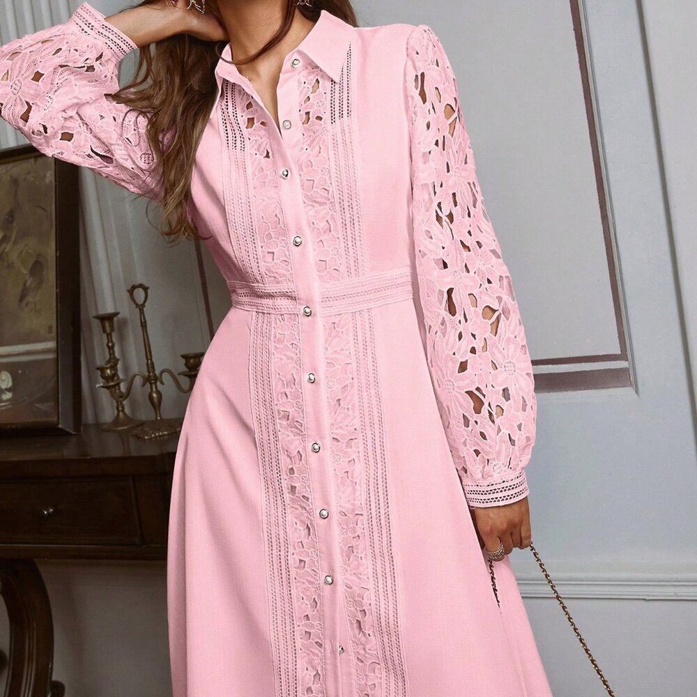 Pink Elegant Women's Hollow Lace Long Dress - Picture 3 of 7